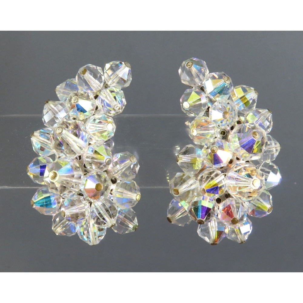 Vintage LAGUNA CLIP-ON EARRINGS Clear AB Crystal Beads PAISLEY SHAPE Cluster